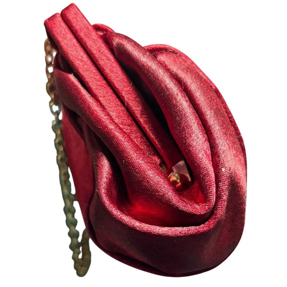 La Regale Evening Clutch Women Small Red Satin Jewel Kiss Lock Chain Strap
